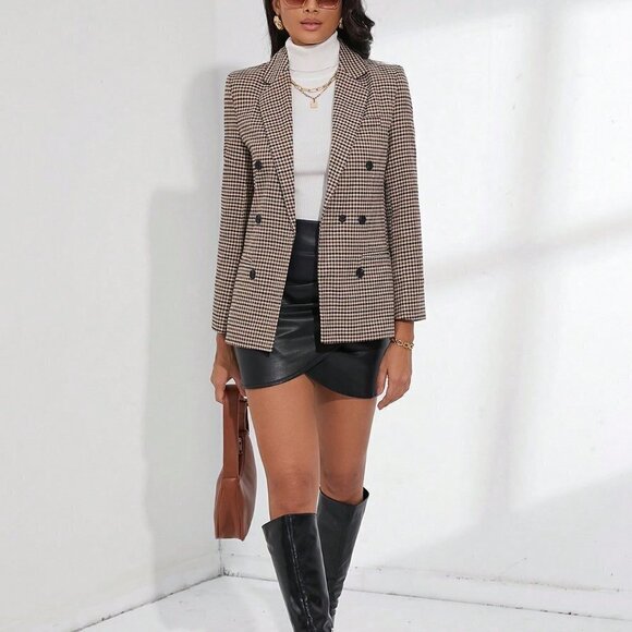 Khaki Preppy Womens Plaid Lapel Collar Double Breasted Blazer